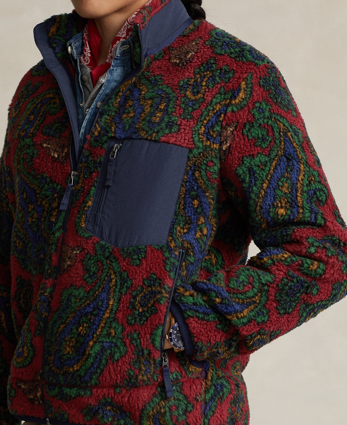 Polo Ralph Lauren Mens Paisley Fleece Jacket Jacquard Holiday Red Multi Large