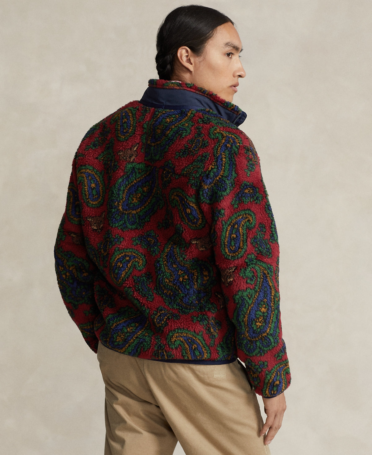 Polo Ralph Lauren Mens Paisley Fleece Jacket Jacquard Holiday Red Multi Large
