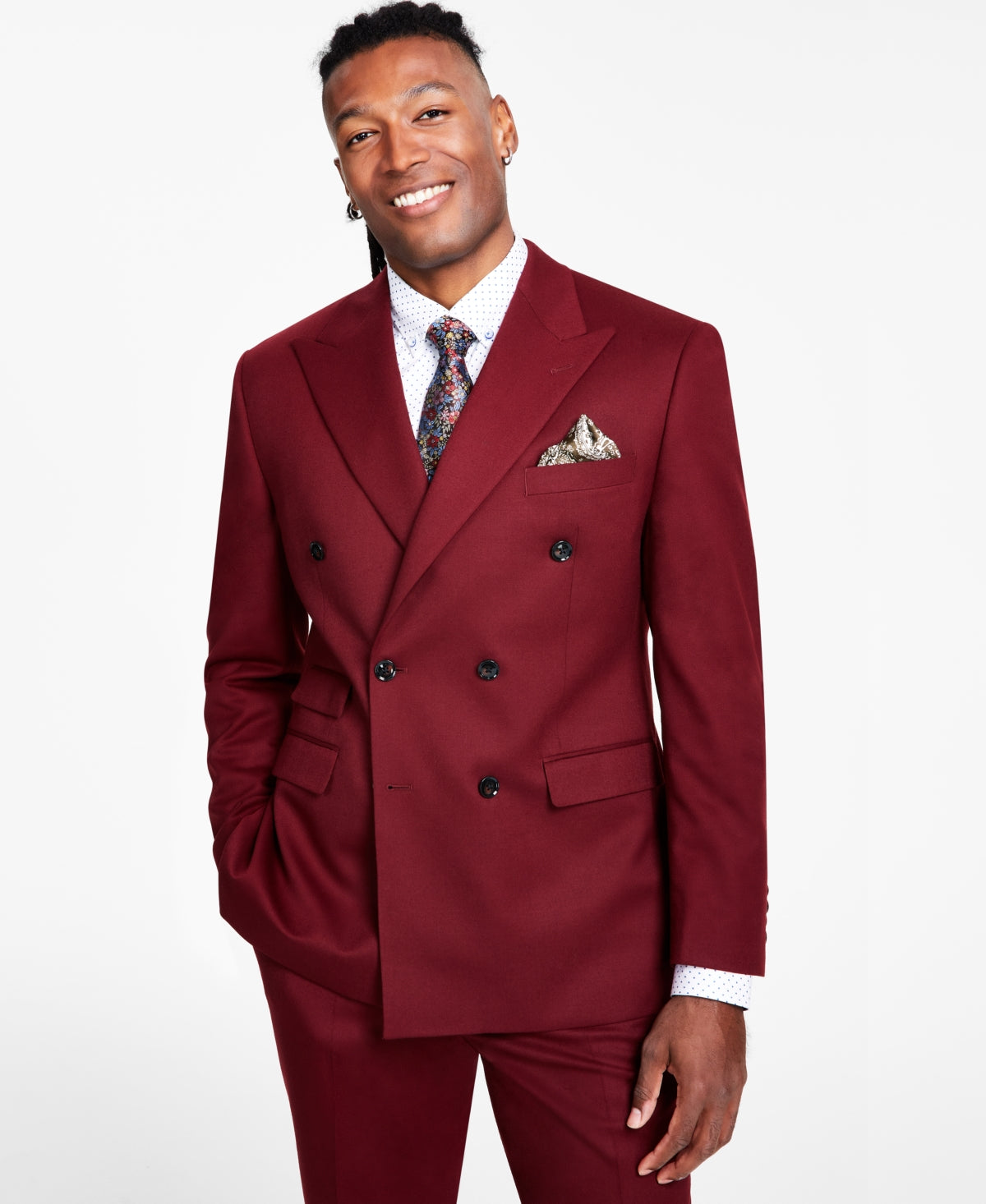 Tayion Collection Men's Classic Fit Double Breasted Suit Jacket Burgundy 44S