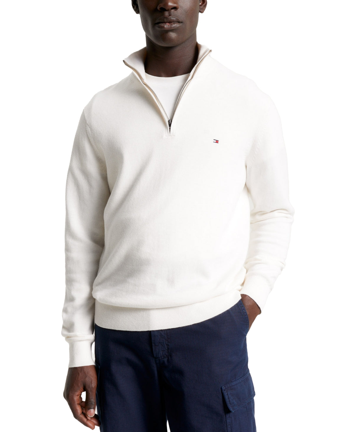 Tommy Hilfiger Men's Embroidered Logo Quarter Zip Mock Neck Sweater White XL