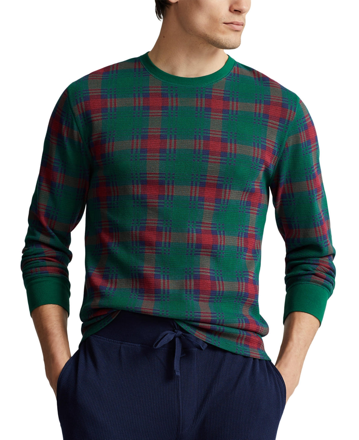 Polo Ralph Lauren Mens Waffle Knit Plaid Thermal Sleep Shirt Holiday Red Large