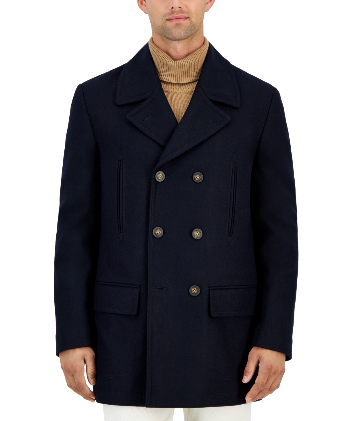 Michael Kors Men Double Breasted Peacoat Coat 40 L Navy Blue Solid