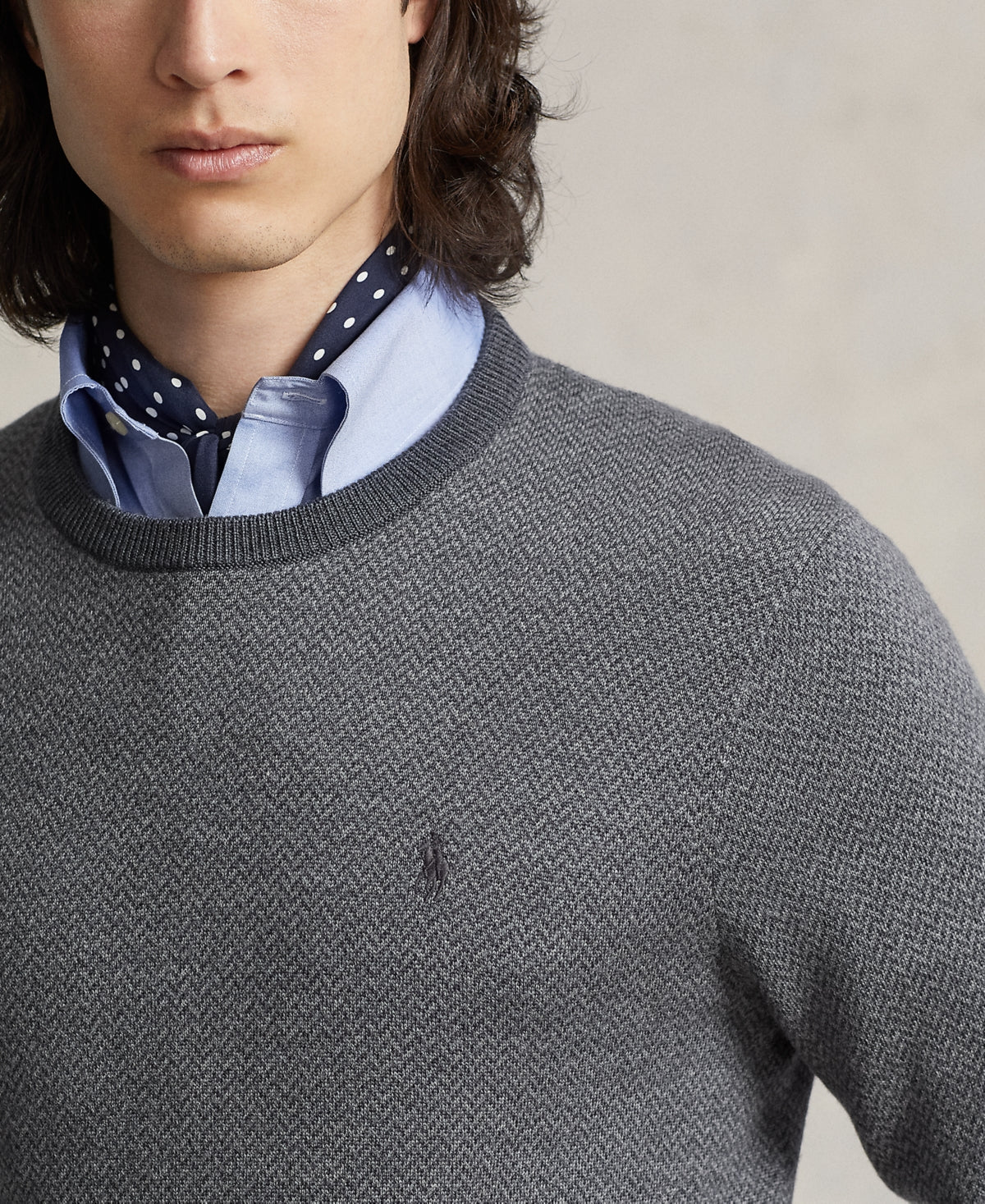 Polo Ralph Lauren Men's Herringbone Knit Wool Sweater Grey Combo Medium