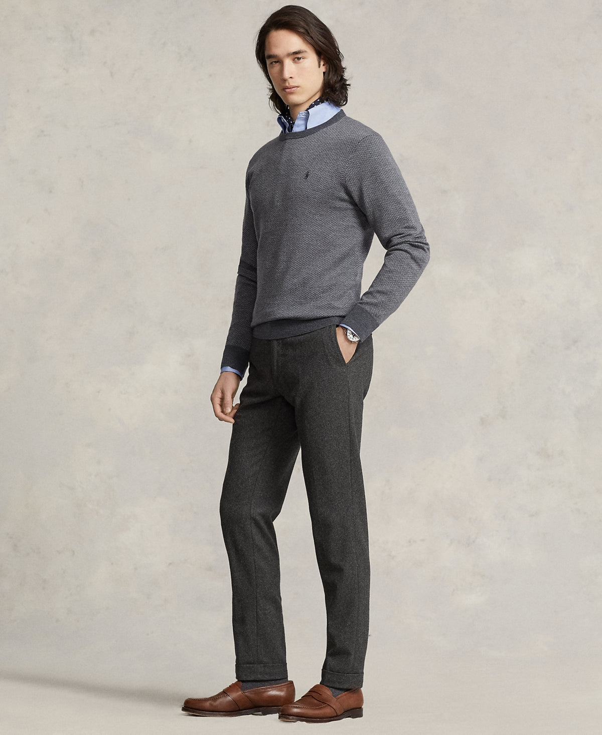 Polo Ralph Lauren Men's Herringbone Knit Wool Sweater Grey Combo Medium