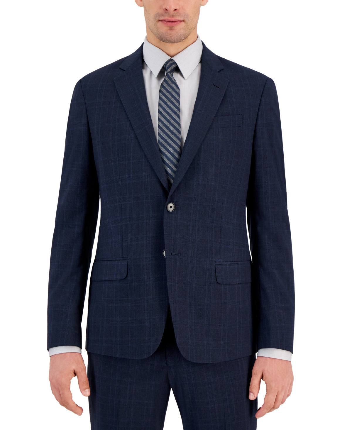 AX Armani Exchange Men's Slim-Fit Plaid Windowpane Suit Jacket 44R Navy Blue