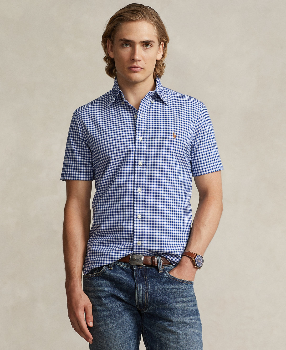 Polo Ralph Lauren Mens Classic Fit Plaid Button Down Oxford Shirt Blue Small