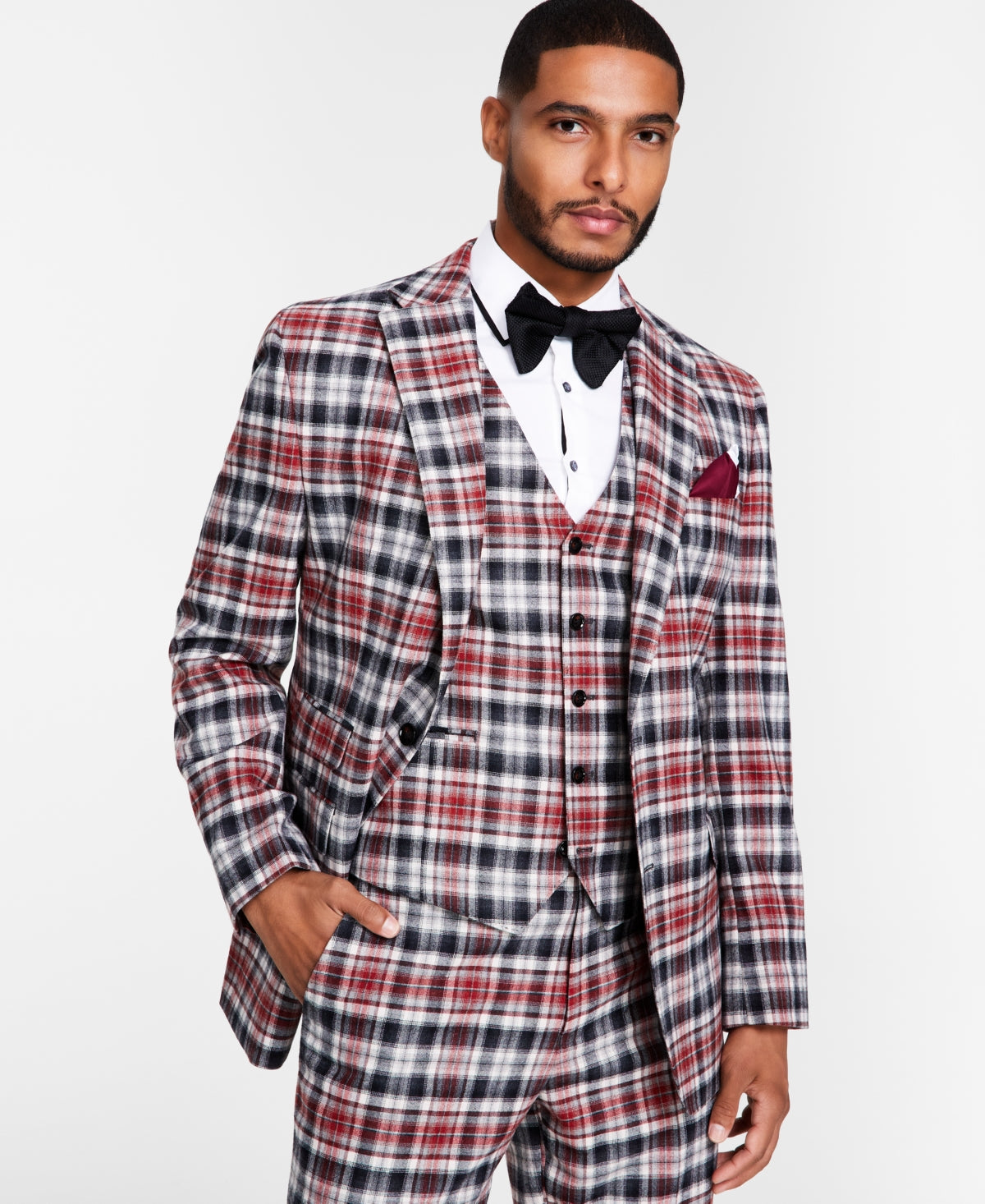 Tayion Collection Men's Classic Fit Suit Jacket Black Red Plaid 44R