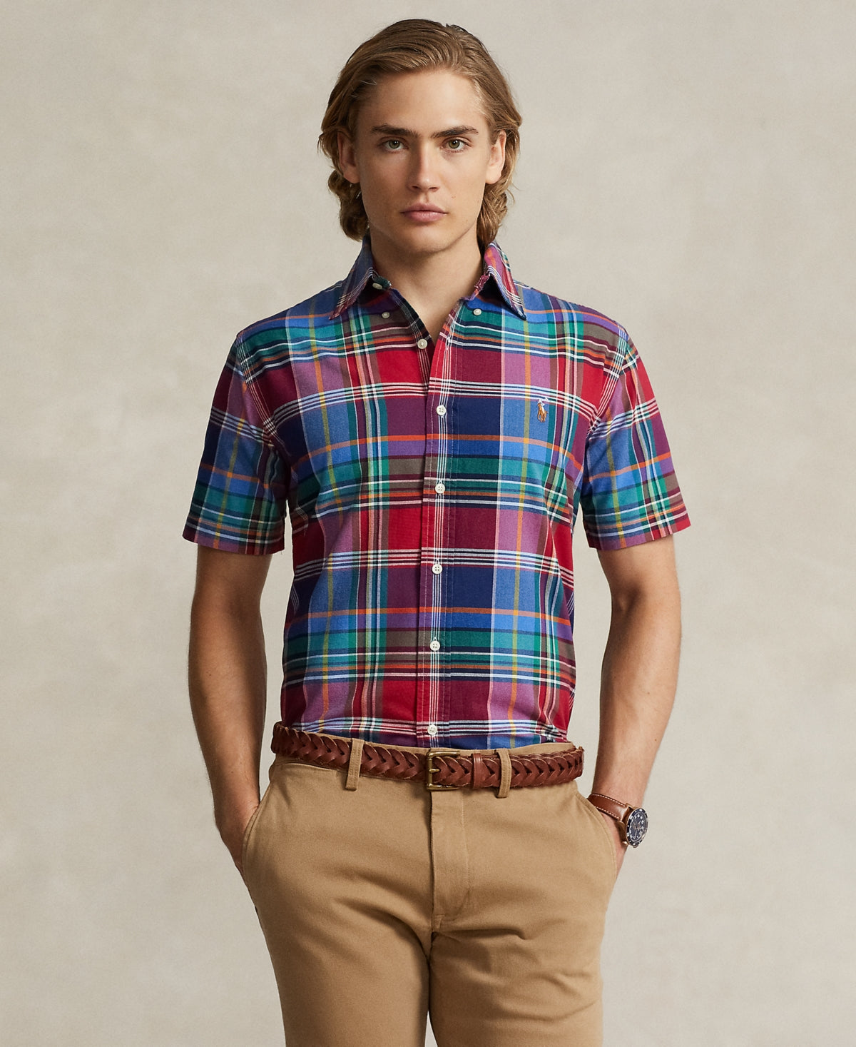 Polo Ralph Lauren Mens Classic Fit Plaid Short Sleeve Oxford Shirt Blue Large