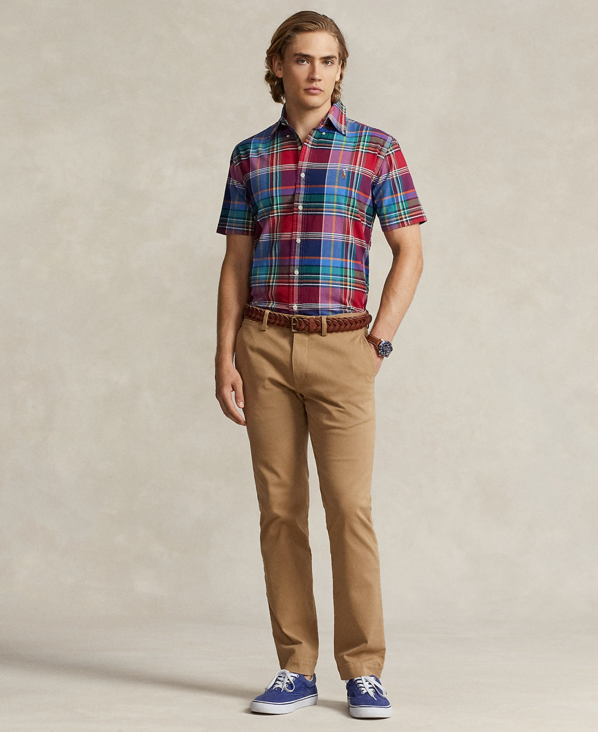 Polo Ralph Lauren Mens Classic Fit Plaid Short Sleeve Oxford Shirt Blue Large
