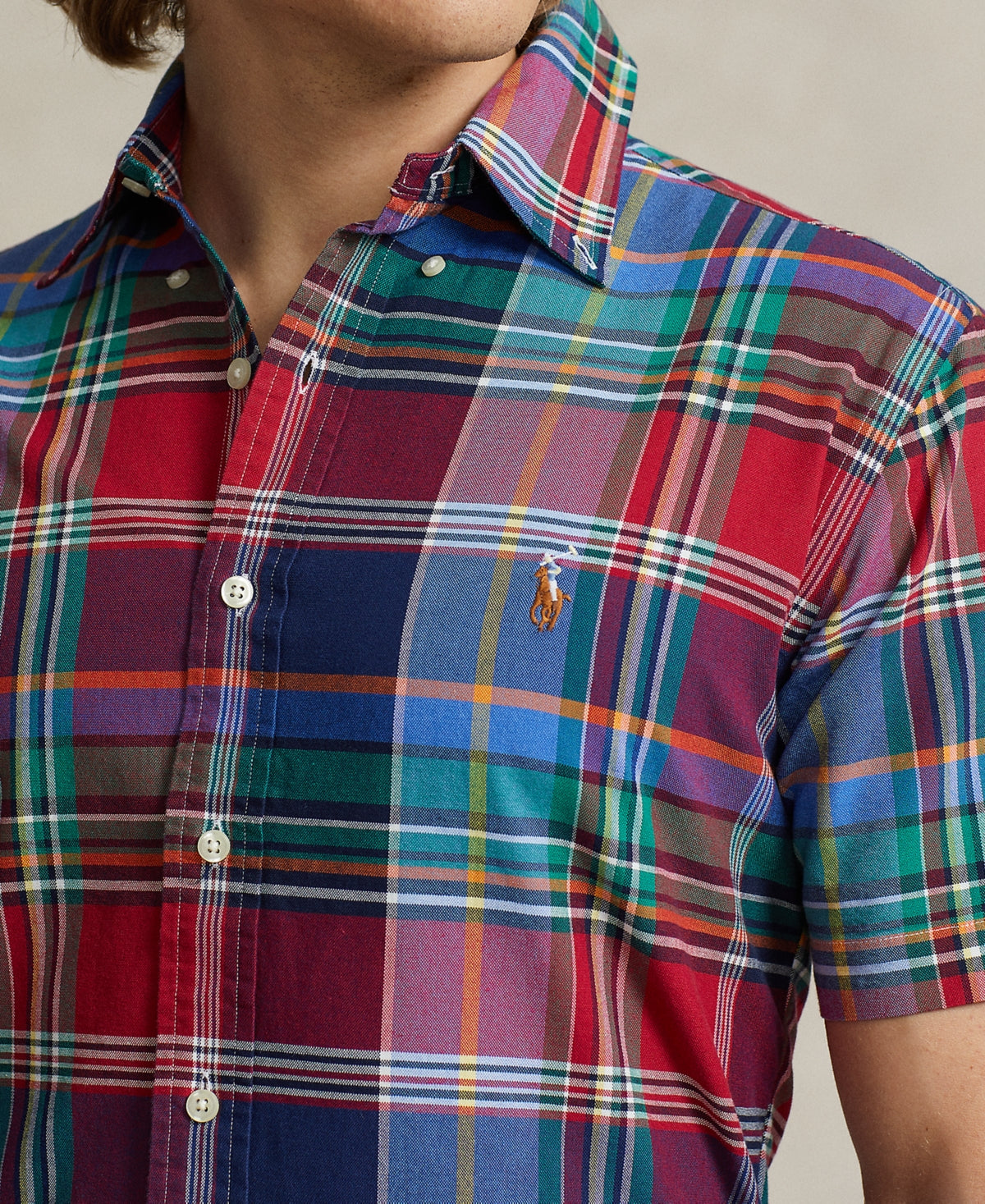 Polo Ralph Lauren Mens Classic Fit Plaid Short Sleeve Oxford Shirt Blue Large