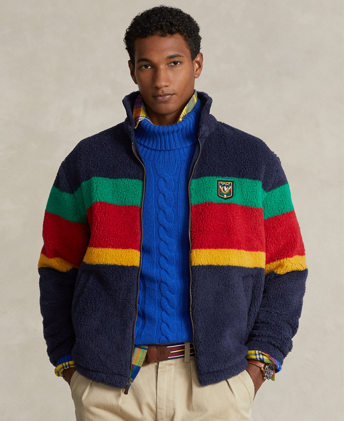 Polo Ralph Lauren Mens Laurel Crest Pile Fleece Jacket Cruise Navy Blue XXL