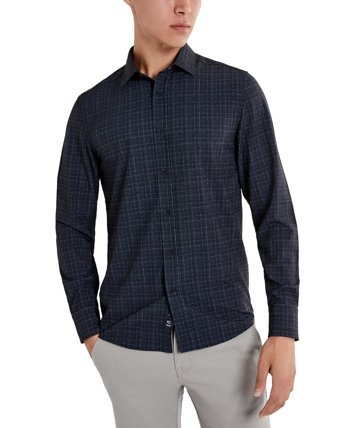 Kenneth Cole Mens Performance Stretch Button Down Shirt Plaid Black Small