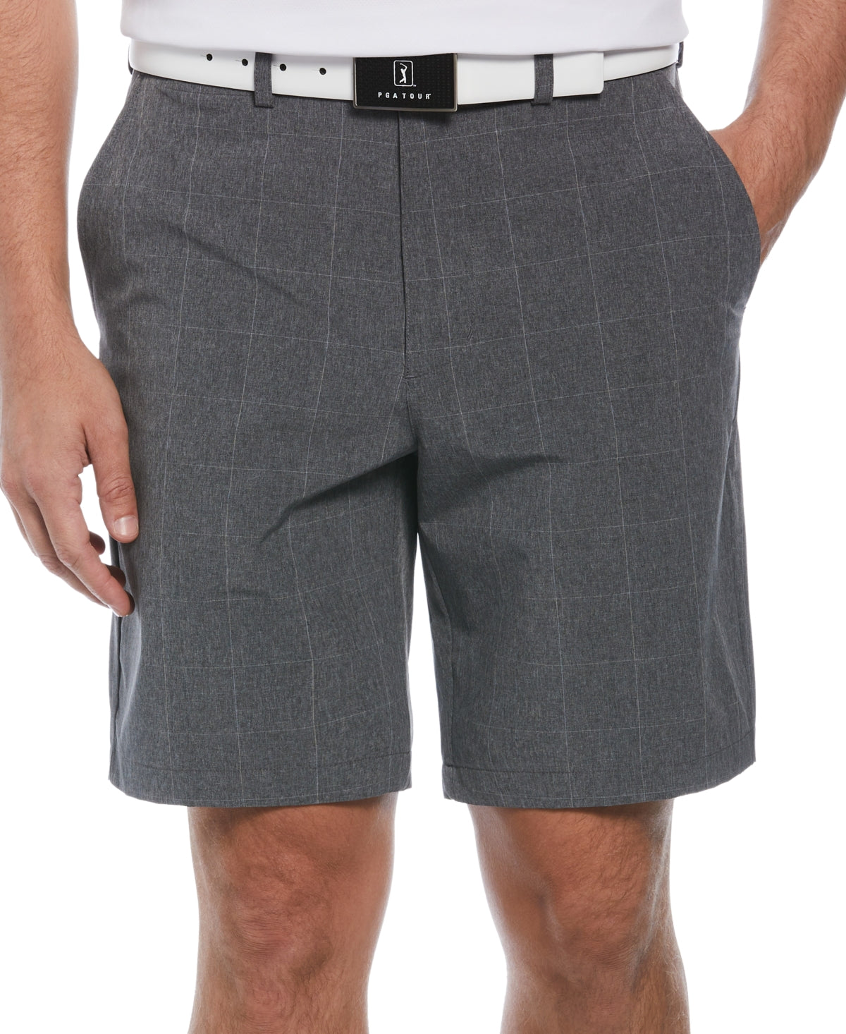 PGA TOUR Mens Flat Front Windowpane Plaid Golf Shorts Grey Heather 42