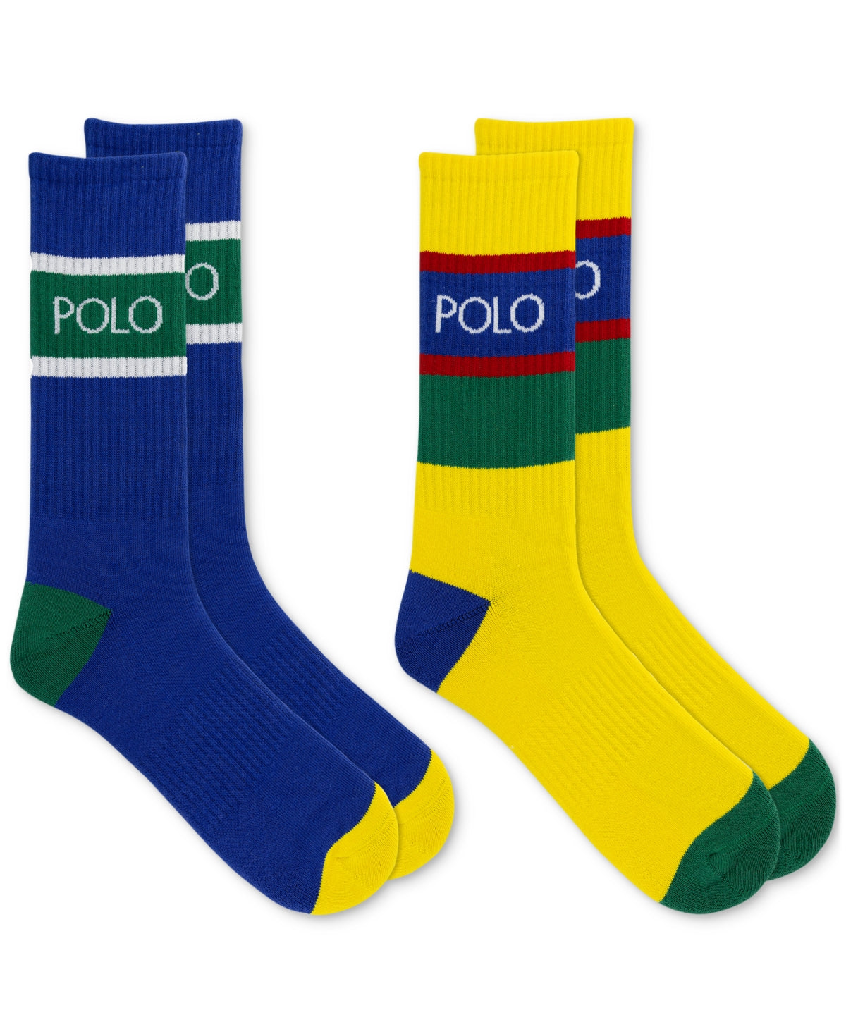 Polo Ralph Lauren Men's Logo Stripe Crew Socks 2 Pack Yellow Royal Blue