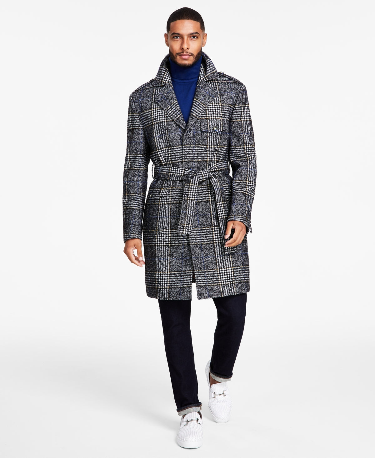 Tayion Mens Classic fit Overcoat Coat 46 L Black Plaid