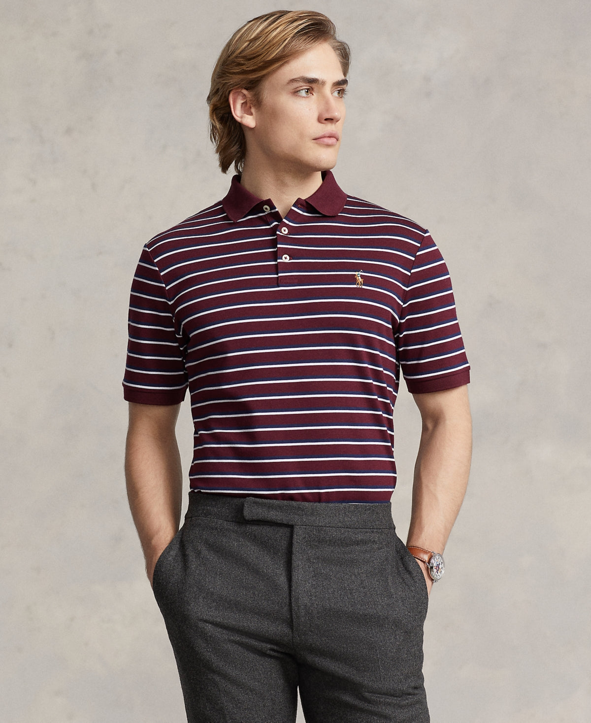 Polo Ralph Lauren Mens Custom Slim Fit Striped Polo Shirt Harvard Wine Red Small