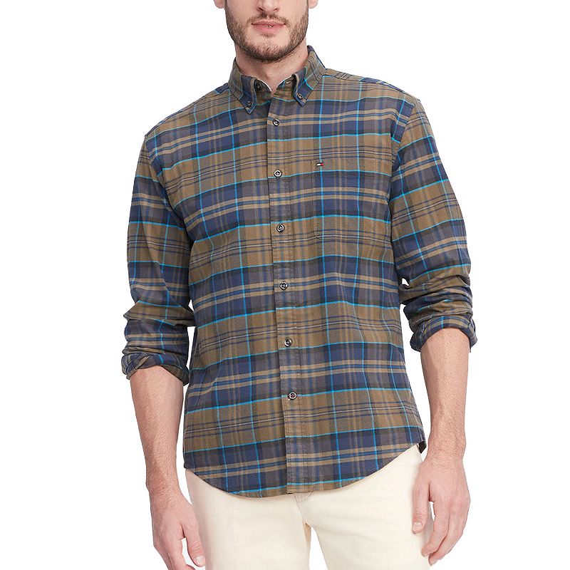 Tommy Hilfiger Men's Regular Fit Plaid Button Down Shirt Green XXL