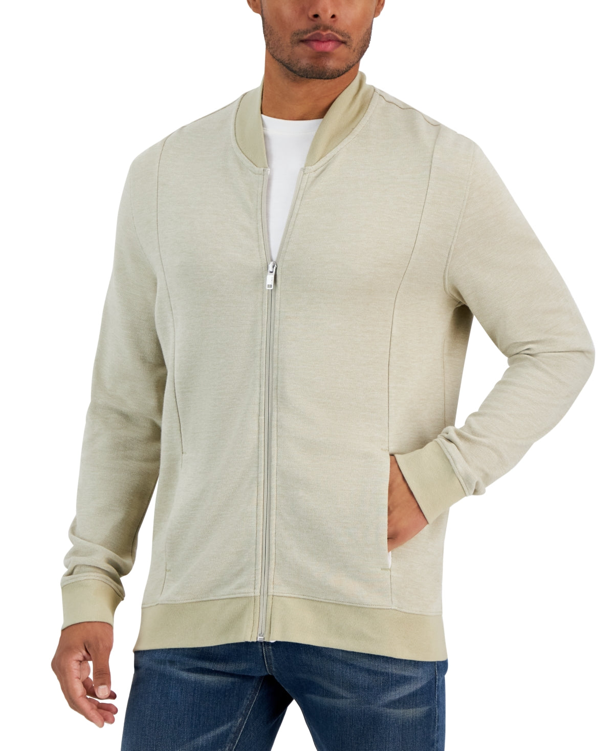 Alfani Mens Full Zip Sweater Twill Combo Beige Small