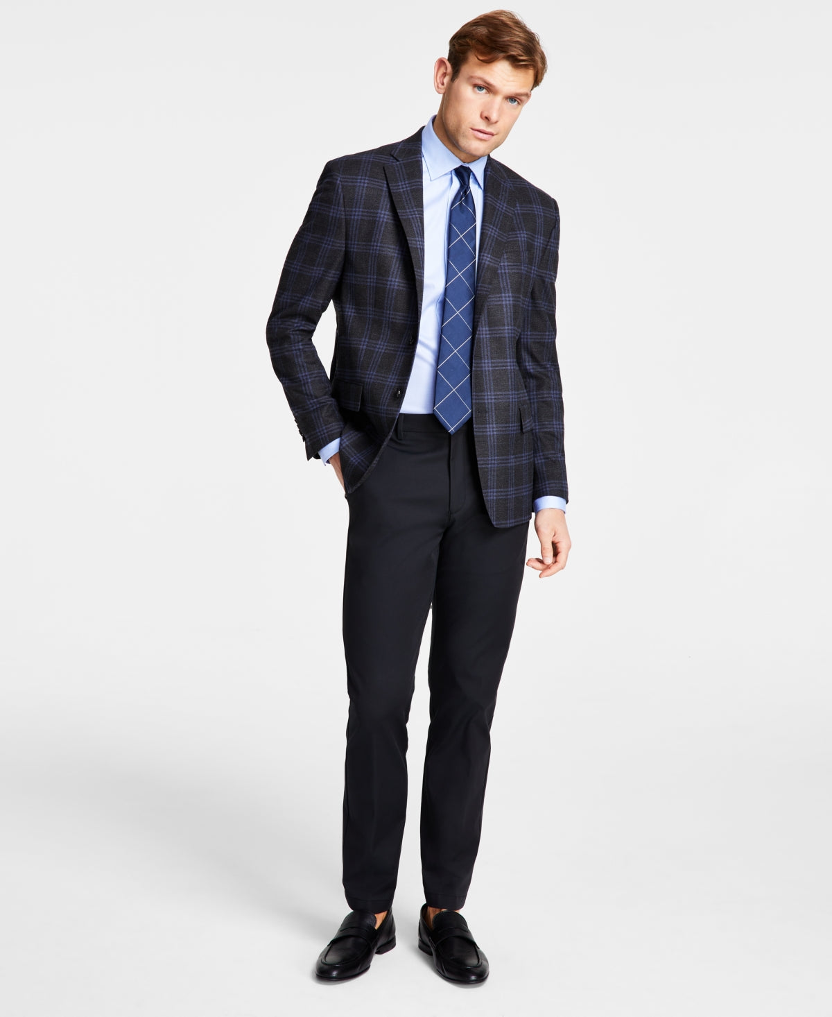 Michael Kors Men's Classic Fit Notch Lapel Plaid Sport Coat Charcoal Blue 41R