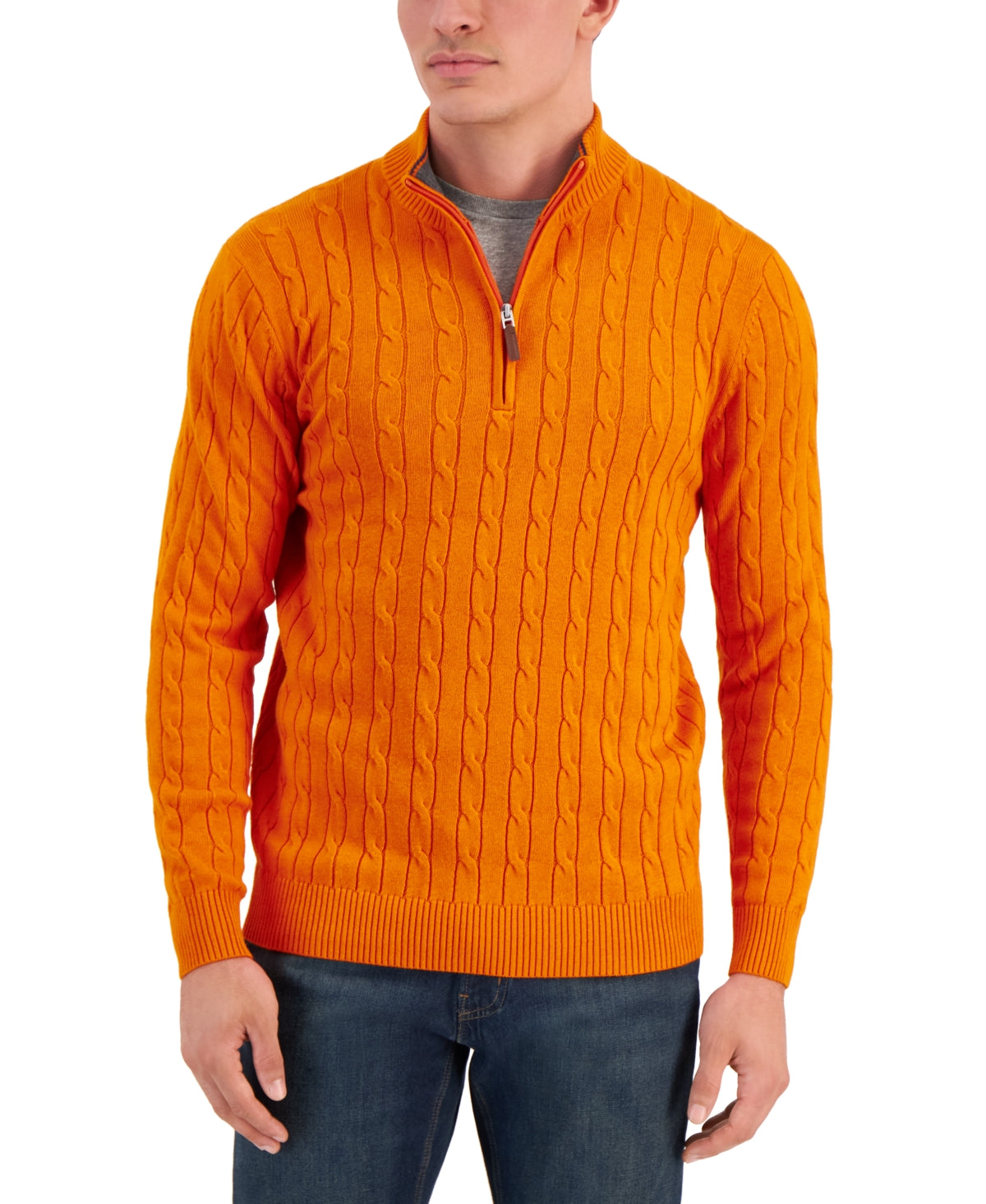 Club Room Mens Sweater Cable-Knit Quarter-Zip Campfire Orange Medium