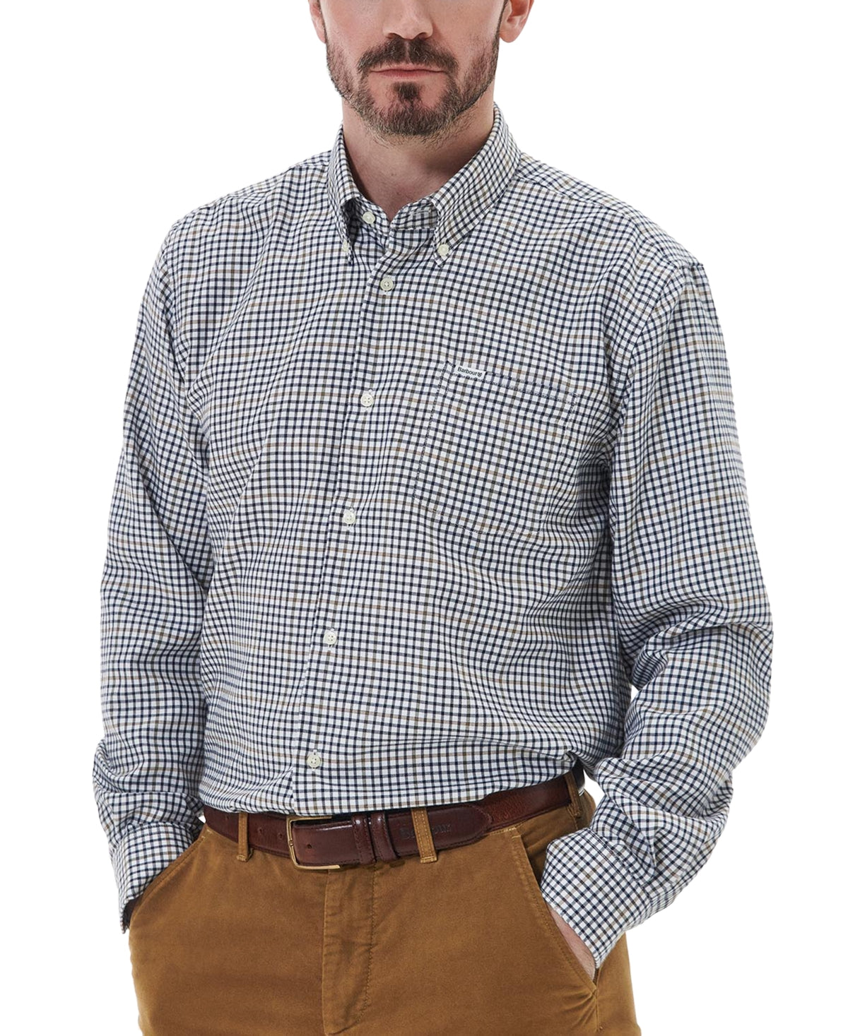 Barbour Mens Henderson Thermo Long Sleeve Button Down Shirt Check White Medium