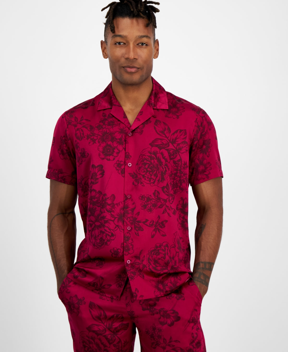 I.N.C. International Concepts Mens Floral Button Down Camp Shirt Cherry Red XS