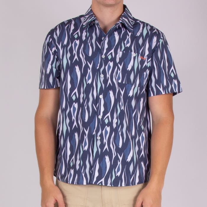 Salt Life Mens Regular fit Short Sleeve Button-Up Shirt Small Blue Stretch