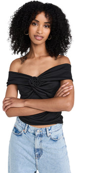 WAYF Womens Black Gathered Removable Brooch Off The Shoulder Top Medium Black