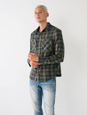 True Religion Mens Long Sleeve Button Down Green Plaid Small