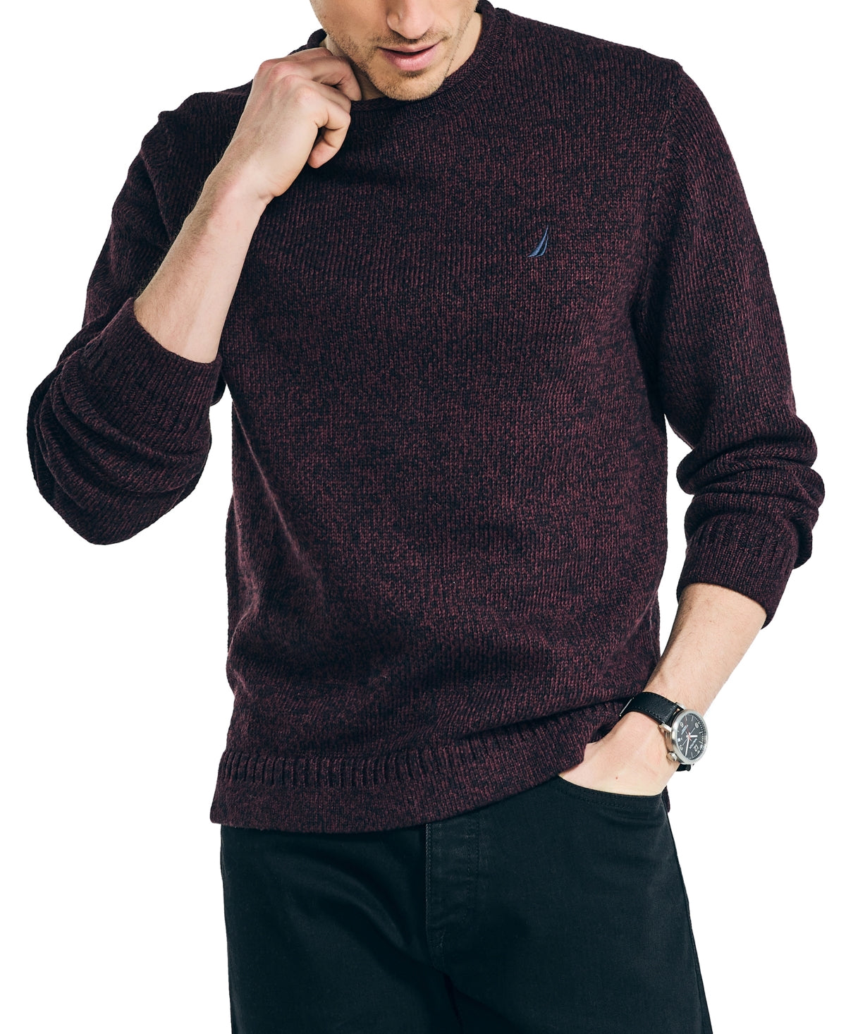 Nautica Mens Rolled Crewneck Sweater Shipwreck Burgundy Purple Medium