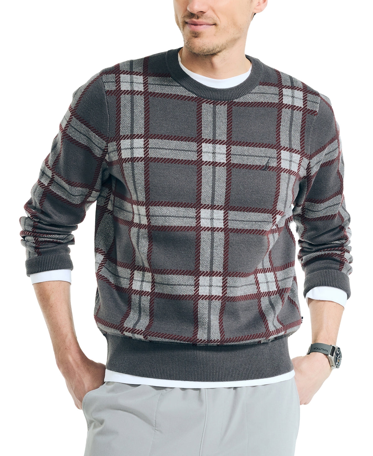 Nautica Men's Navtech Plaid Jacquard Crewneck Sweater Carbon Grey Large