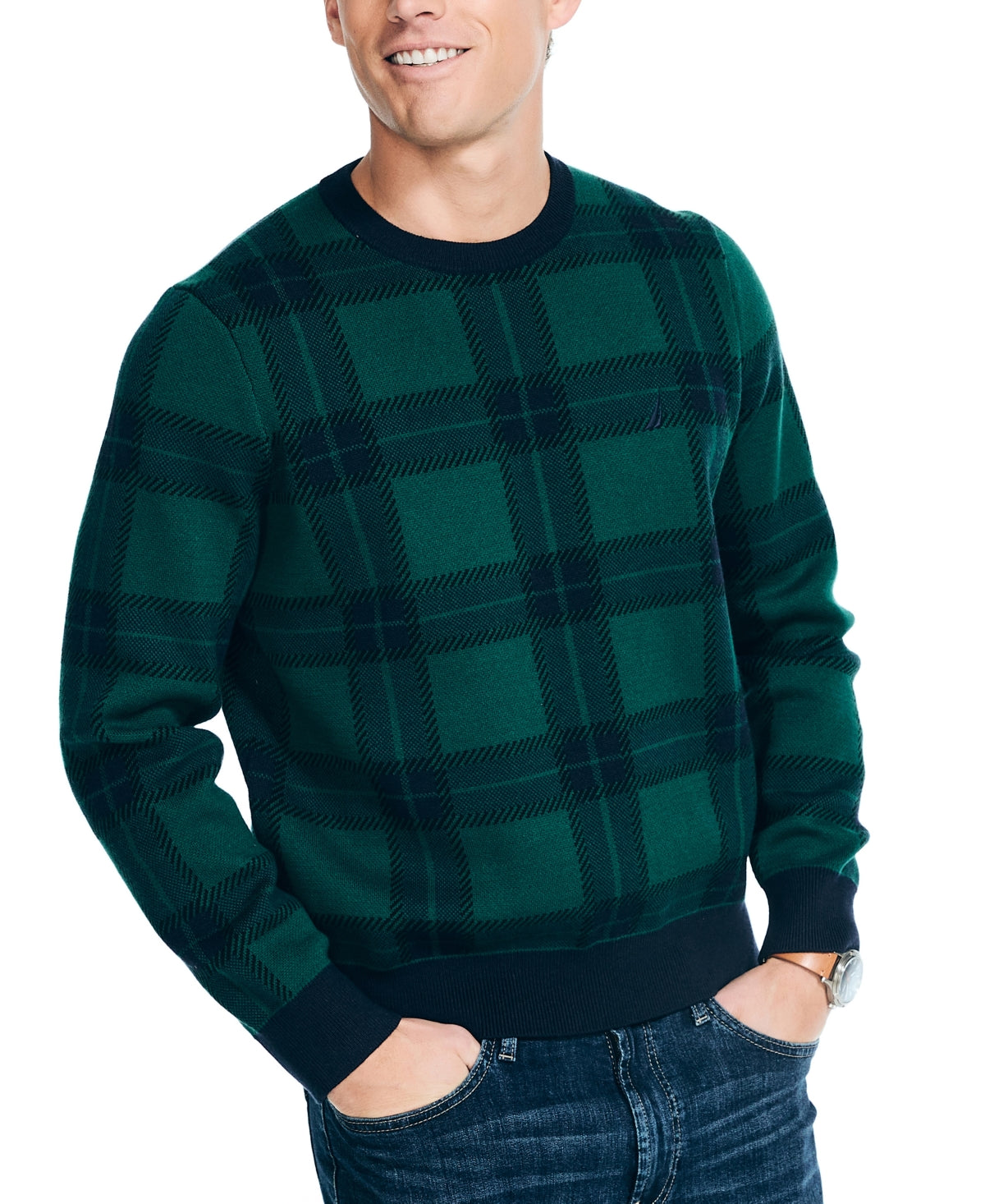 Nautica Mens Navtech Plaid Jacquard Crewneck Sweater Navy Blue Green Seas Large