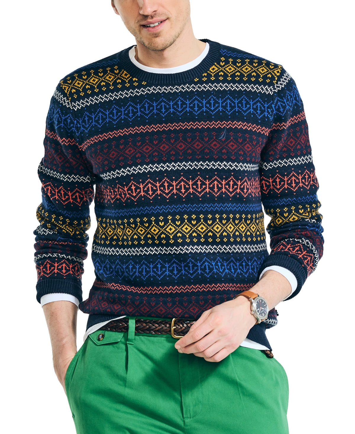 Nautica Mens Fair Isle Crewneck Sweater Navy Seas Blue Medium