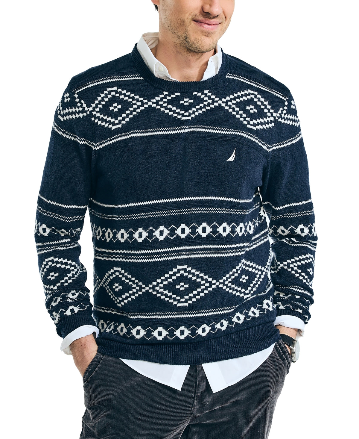 Nautica Mens Fair Isle Crewneck Sweater Navy Blue XL