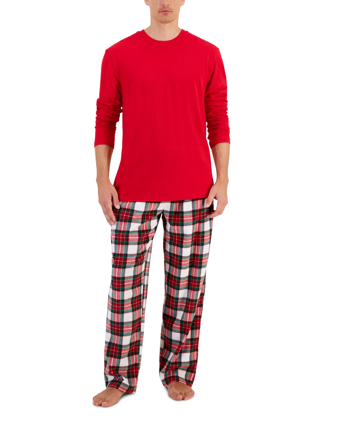 Club Room Mens Plaid Fleece Pullover Pajama Set Red White Large