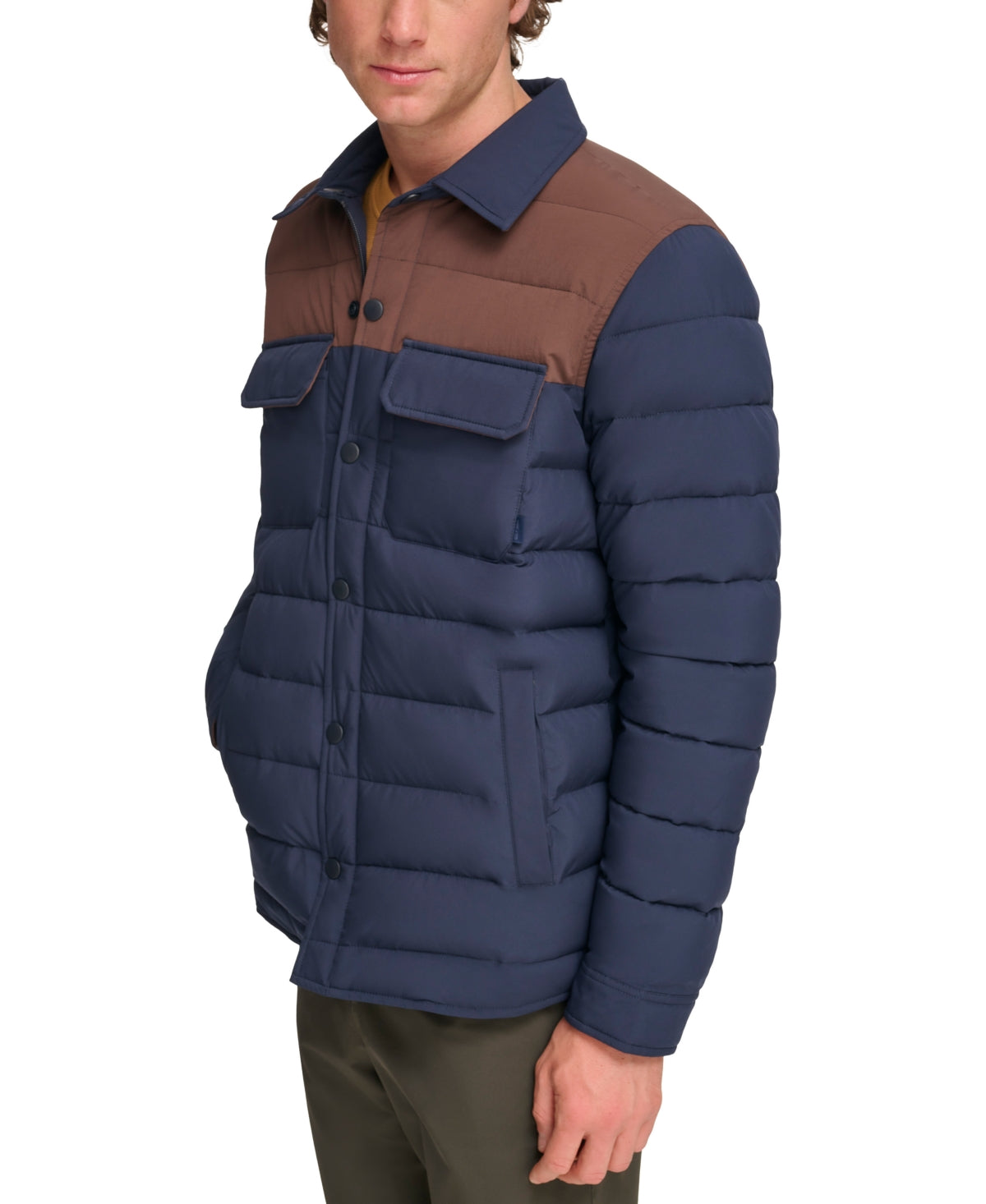 BASS OUTDOOR Mens Colorblocked Padded Shacket Jacket Navy Blue Small