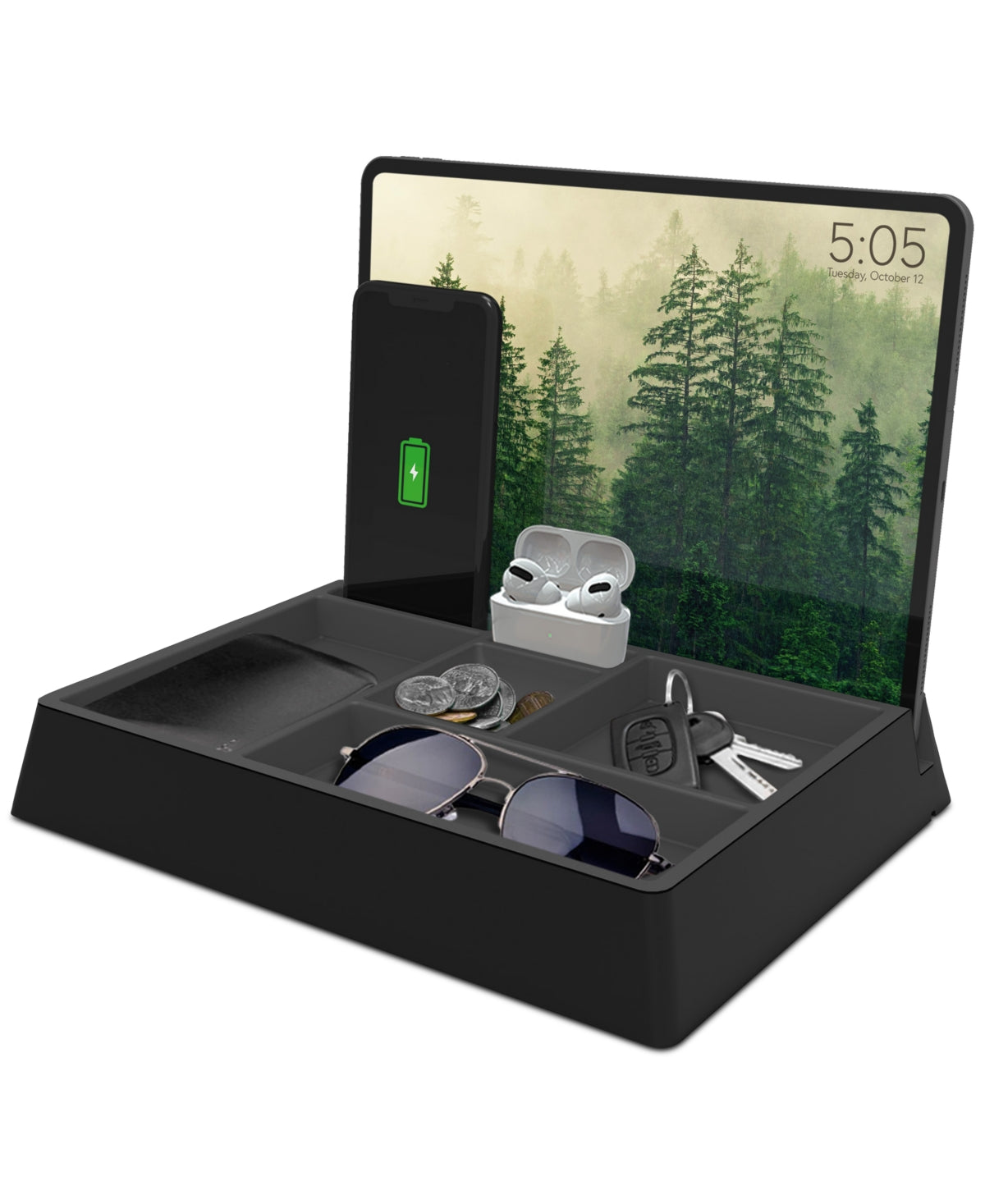 Adventure Mens Tech Dresser Valet Organizer Tray Box Charging Station Black