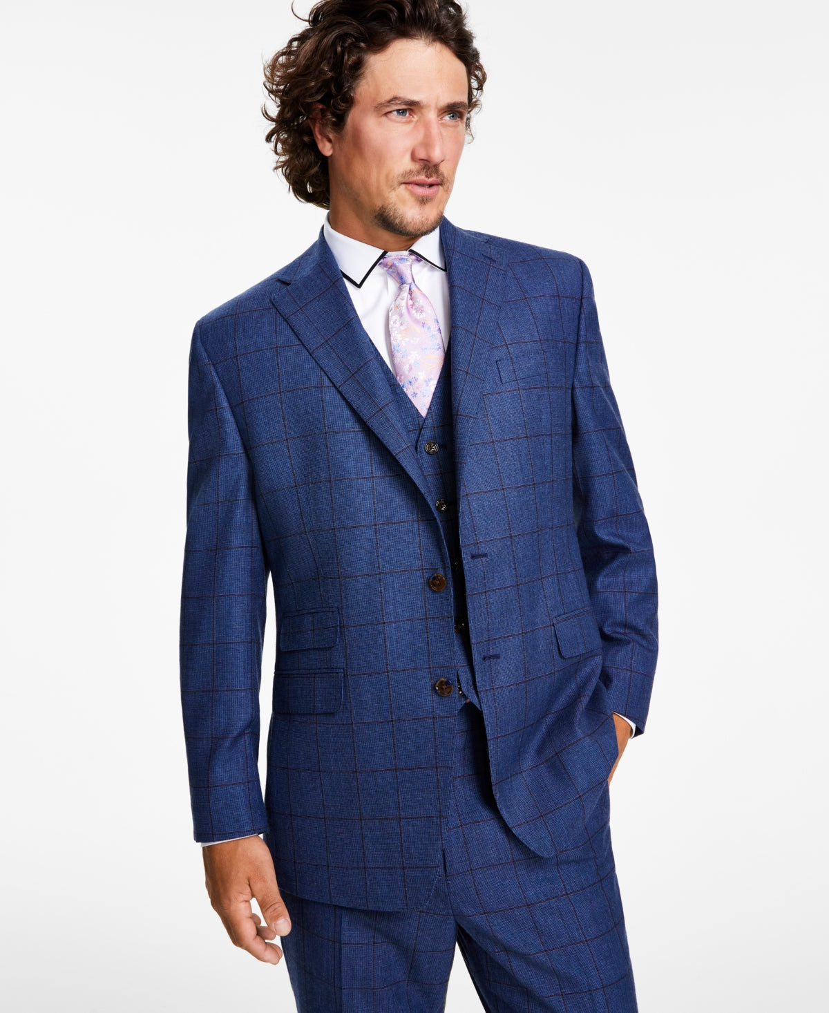 Tayion Collection Men's Classic Fit Windowpane Sport Coat Blazer Blue Brown 46R