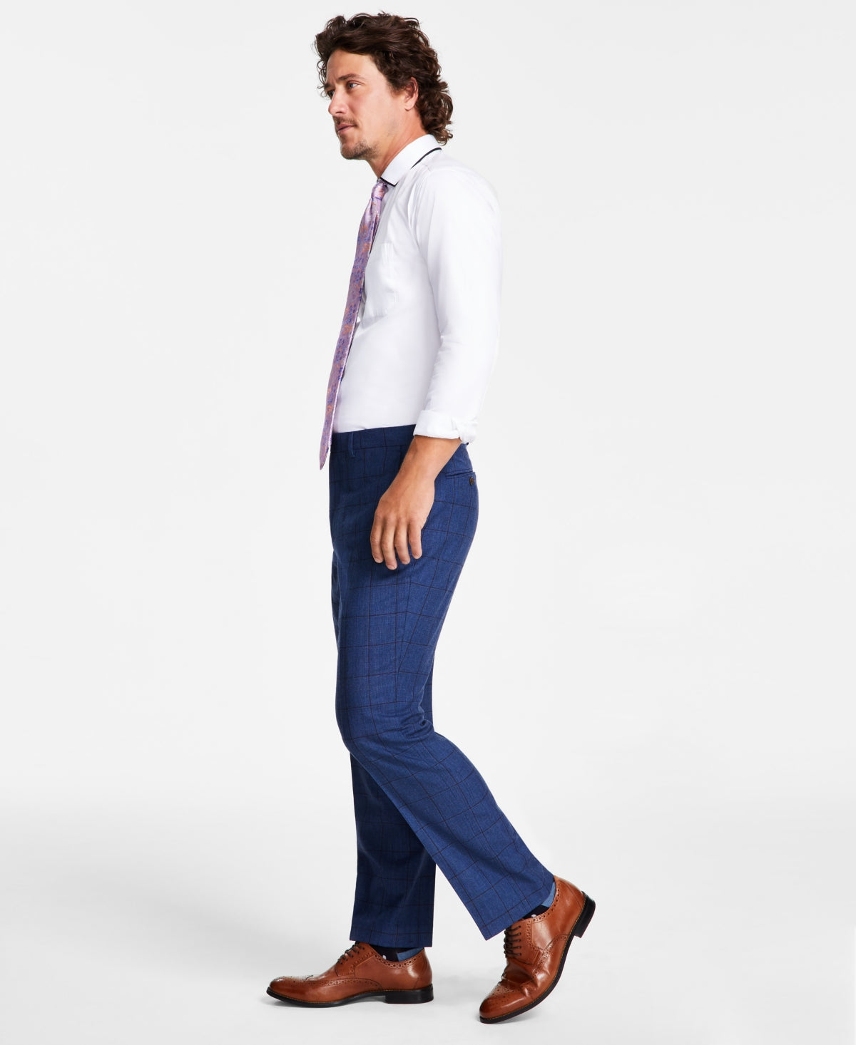 Tayion Collection Mens Classic fit Dress Pants 42 / 30 Blue Check Stretch