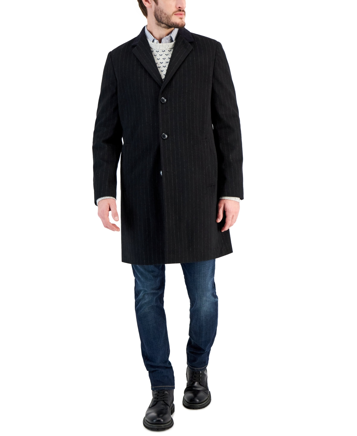 Tommy Hilfiger Mens Classic fit Overcoat Coat 38 R Black Striped