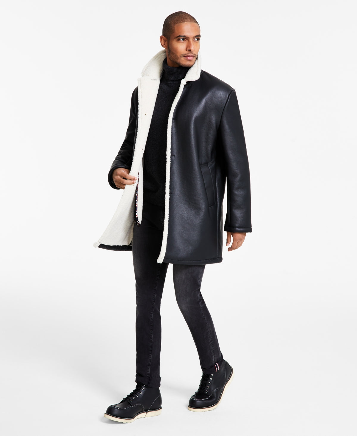 Ben Sherman Mens Classic fit Overcoat Coat 42 L Black White Solid