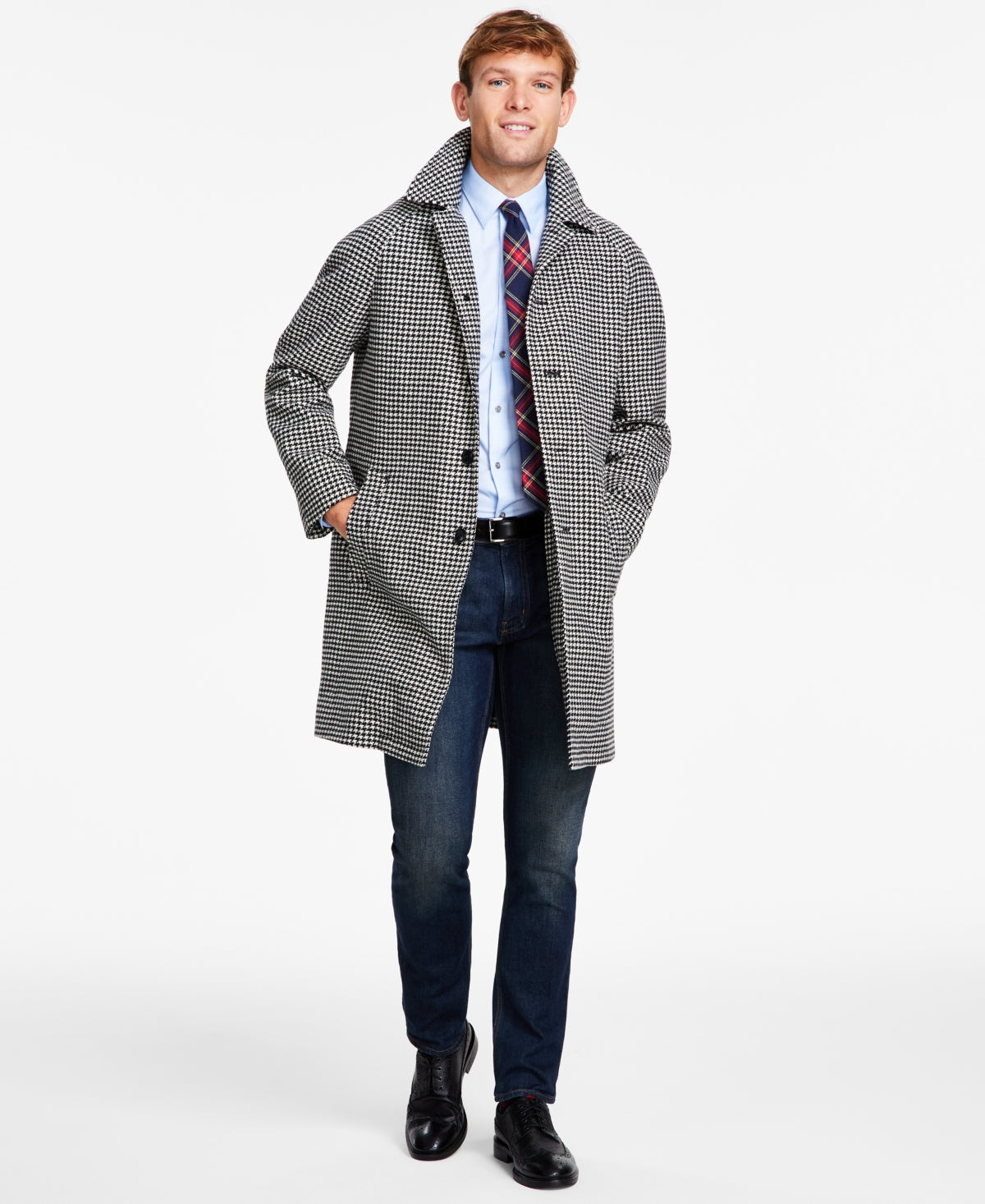 Tommy Hilfiger Men's Modern-Fit Houndstooth Overcoat Coat 42L Black White