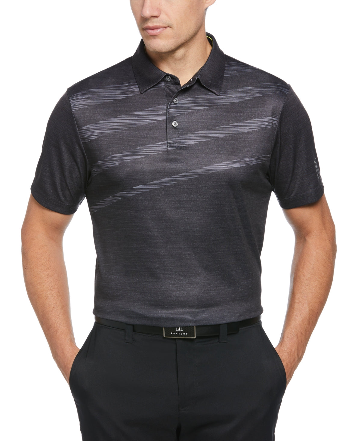 PGA TOUR Mens Athletic Fit Asymmetrical Short Sleeve Polo Shirt Caviar XL