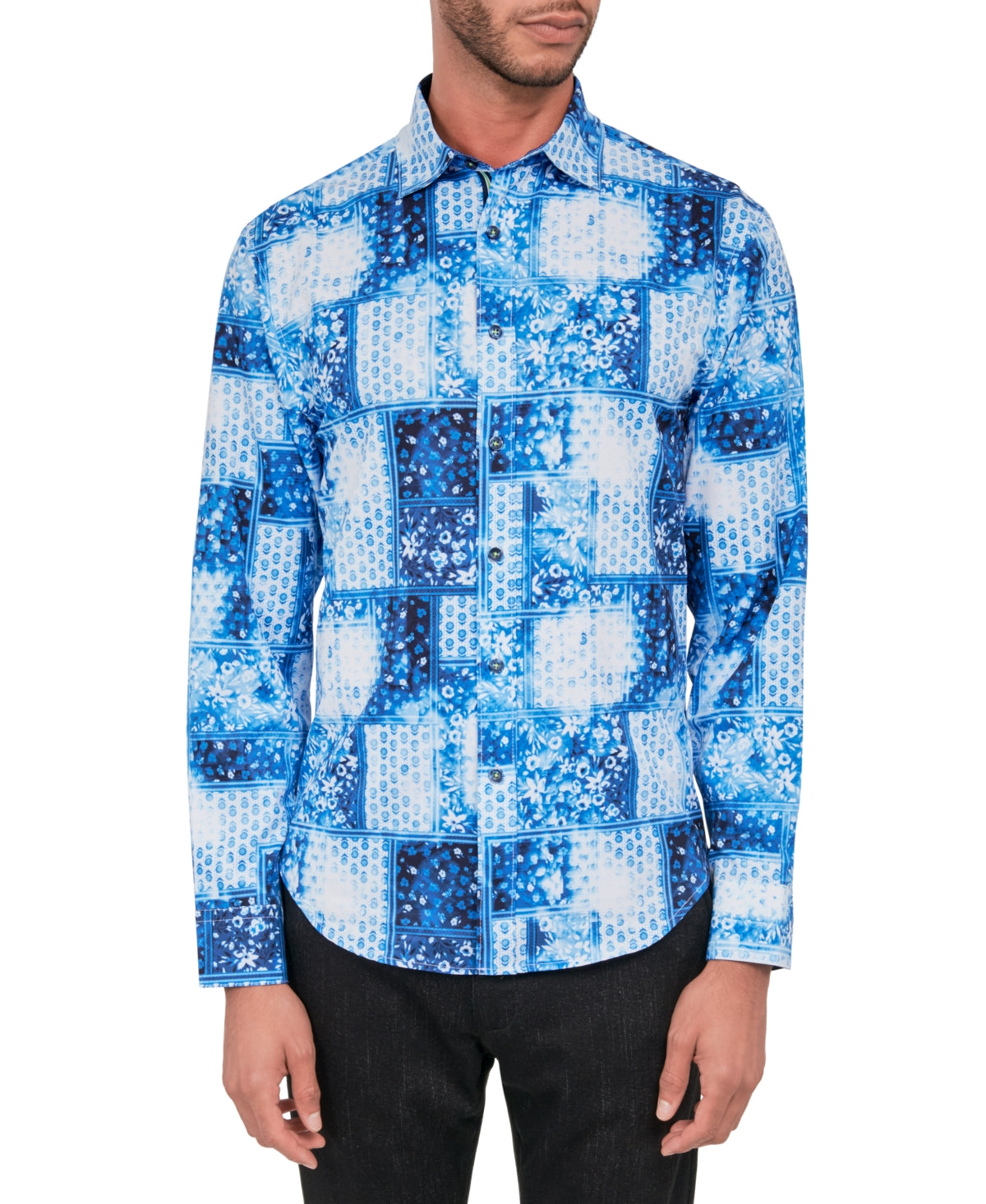 Society of Threads Mens Button Down Shirt Patchwork Print White Blue Large