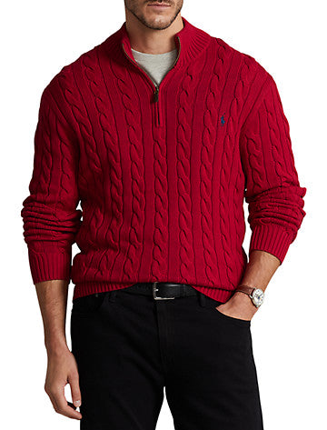 Polo Ralph Lauren Mens Big Tall Cable-Knit Cotton Quarter Zip Sweater Red XLT