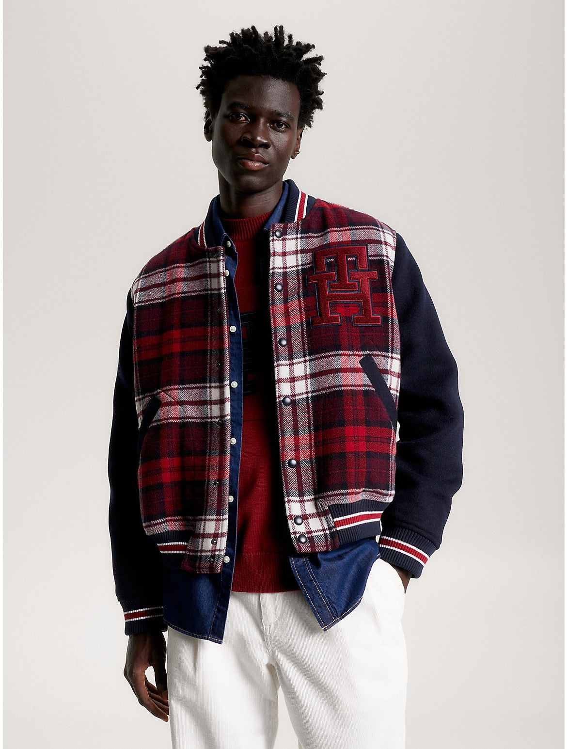 Tommy Hilfiger Men's Deep Rouge Tartan Varsity Jacket Large Red Blue