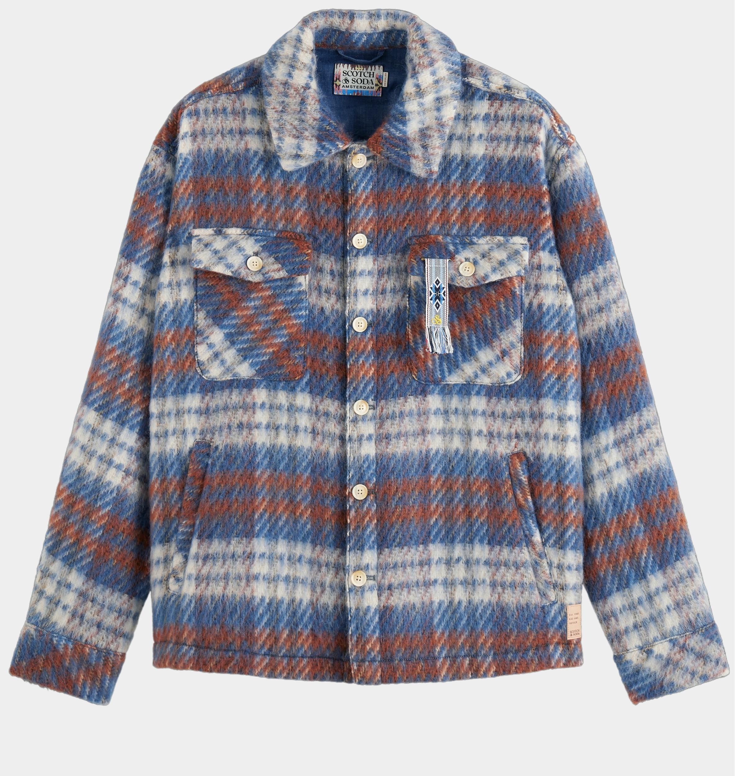 SCOTCH AND SODA Mens Brushed Flannel Shacket Coat Overshirt Blue Multi Large