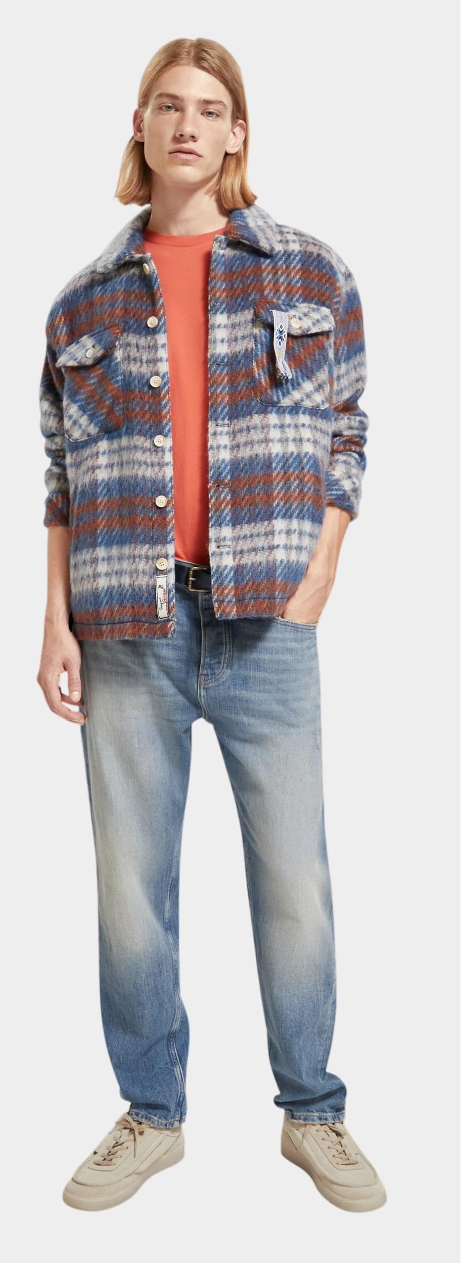 SCOTCH AND SODA Mens Brushed Flannel Shacket Coat Overshirt Blue Multi Large