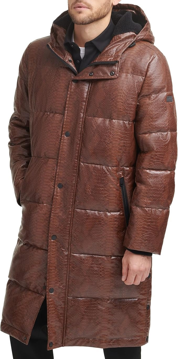 DKNY Men's Long Down Puffer Parka Coat Large Brown