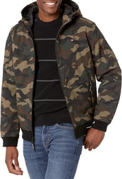 TOMMY HILFIGER Men's Sherpa-Lined Softshell Hooded Jacket Medium Green Camo